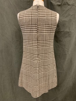 N/L, Brown, White, Wool, Houndstooth, Sleeveless, Mini, Zip Back, Large Front Angular Panel with Brown Button Detail,
