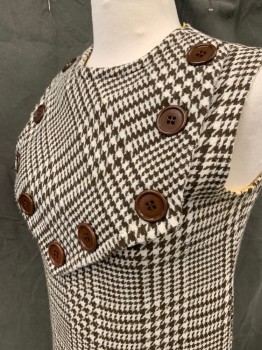 N/L, Brown, White, Wool, Houndstooth, Sleeveless, Mini, Zip Back, Large Front Angular Panel with Brown Button Detail,