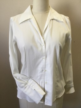 CALVIN KLEIN, White, Cotton, Solid, V-neck, with Collar Attached, Button Front, Long Sleeves with French Cuffs, Curved Hem