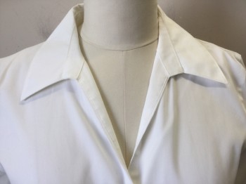 CALVIN KLEIN, White, Cotton, Solid, V-neck, with Collar Attached, Button Front, Long Sleeves with French Cuffs, Curved Hem