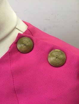 PJ KLEIN, Fuchsia Pink, Acetate, Rayon, Solid, Faille, Long Raglan Sleeves, Shoulder Pads, Round Neck, 3 Large Gold Buttons at Left Shoulder, Shift Dress, Knee Length,