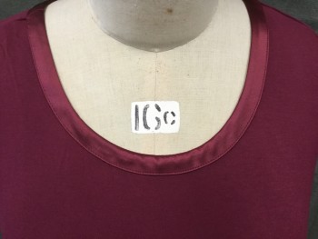 ALFANI, Maroon Red, Rayon, Spandex, Solid, Round Neck with 3/4" Satin Trim, Cap Sleeves, Curved Hem