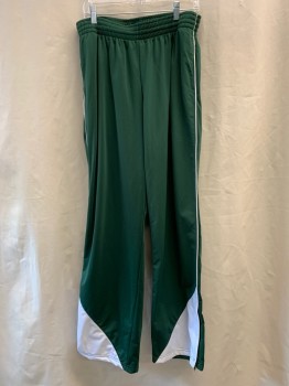 Mens, Sweatpants, TEAM WORK, Green, White, Polyester, Color Blocking, L, Drawstring Waist, White Paneling & Piping, Zipper Ankle