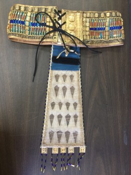 Unisex, Historical Fiction Belt, N/L MTO, Brown, Gold, Rust Orange, Teal Green, Royal Blue, Leather, Beaded, Geometric, W32/34, 4" Wide Waist, Leather Covered in Gold Metal and Multicolored Beads, Large Gold Winged Scarab Beetle at Center Front, Hanging Panel at Center Front Covered in Gold Metal Triangles with Colored Accents, Lace Up in Back, Made To Order