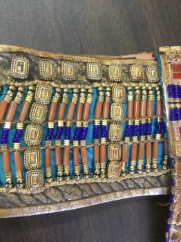N/L MTO, Brown, Gold, Rust Orange, Teal Green, Royal Blue, Leather, Beaded, Geometric, 4" Wide Waist, Leather Covered in Gold Metal and Multicolored Beads, Large Gold Winged Scarab Beetle at Center Front, Hanging Panel at Center Front Covered in Gold Metal Triangles with Colored Accents, Lace Up in Back, Made To Order