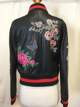 Womens, Leather Jacket, SILENCE & NOISE, Black, Red, Multi-color, Faux Leather, Floral, Animals, S, Zip Front, Black & Red Stripped Trim, Multi Color Floral, Bird & Butterfly Appliqué, Painted Floral Print, 2 Zip Pockets