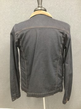 Mens, Jean Jacket, COMUNE, Black, Brown, Cotton, Spandex, Solid, M, Button Front, 4 Pockets, Long Sleeves, Brown Corduroy Collar Attached, (Very Slight Shoulder Burn)