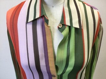 BCBG, Salmon Pink, Red, Pink, Green, Beige, Silk, Stripes, Multi Color Stripe Silk Chiffon, Long Sleeves, Button Front, Collar Attached,