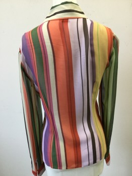 BCBG, Salmon Pink, Red, Pink, Green, Beige, Silk, Stripes, Multi Color Stripe Silk Chiffon, Long Sleeves, Button Front, Collar Attached,