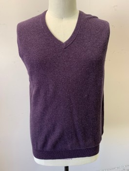 Mens, Sweater Vest, BROOKS BROTHERS, Dk Purple, Cotton, Cashmere, Solid, XXL, Bumpy Texture Knit, Pullover, V-neck