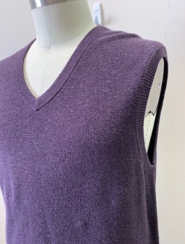 BROOKS BROTHERS, Dk Purple, Cotton, Cashmere, Solid, Bumpy Texture Knit, Pullover, V-neck