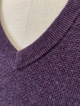 BROOKS BROTHERS, Dk Purple, Cotton, Cashmere, Solid, Bumpy Texture Knit, Pullover, V-neck