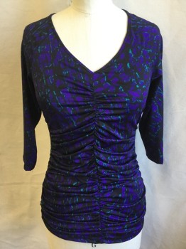 SOFIA, Black, Purple, Turquoise Blue, Polyester, Spandex, Abstract , (DOUBLE)  V-neck, Gathered Front Center & Sides, 3/4 Sleeves