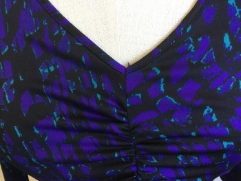 Womens, Top, SOFIA, Black, Purple, Turquoise Blue, Polyester, Spandex, Abstract , S, (DOUBLE)  V-neck, Gathered Front Center & Sides, 3/4 Sleeves