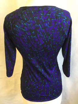 Womens, Top, SOFIA, Black, Purple, Turquoise Blue, Polyester, Spandex, Abstract , S, (DOUBLE)  V-neck, Gathered Front Center & Sides, 3/4 Sleeves