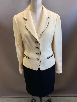 Womens, Suit, Jacket, LOUIS FERAUD, Yellow, Black, Wool, Solid, 34B, 8, Notch Collar,4 Button, 2 Welt Pockets.