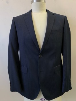 Mens, Suit, Jacket, BOSS, Navy Blue, Wool, Stripes - Pin, 42R, 2 Button, Flap Pockets, Double Vent