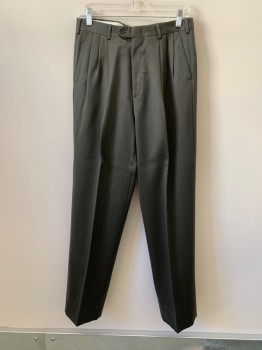 ZEGNORELLI, Dk Olive Grn, Gray, Wool, Stripes - Pin, Side Pockets, Zip Front, Pleated Front, 2 Back Pockets