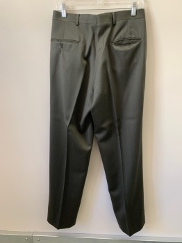 ZEGNORELLI, Dk Olive Grn, Gray, Wool, Stripes - Pin, Side Pockets, Zip Front, Pleated Front, 2 Back Pockets