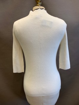 Womens, Pullover, MAJE, White, Cotton, Polyamide, Solid, "sz.1", S, Rib Knit, 3/4 Sleeves, Mock Neck with Black Scallopped Edge, Silver Zipper with O Ring at Neck, Fitted