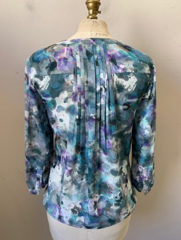 Womens, Blouse, NYDJ, Multi-color, Aqua Blue, Mint Green, Gray, Lavender Purple, Polyester, Floral, Abstract , Petite, XXS, Watercolor Flowers Pattern, Crepe, 3/4 Sleeves, 5 Button Placket, Band Collar,  1 Welt Pocket, Cascade of Vertical Pleats at Center Back Neck