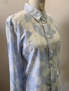 Womens, Blouse, BANANA REPUBLIC, Powder Blue, White, Polyester, Floral, M, Long Sleeves, Button Front, Collar Attached, Vents at Side Seam Hems, **Has TV Alts to Take in at Waist