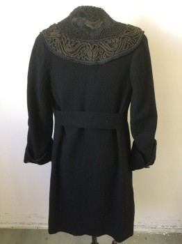 Womens, Coat 1890s-1910s, MTO, Black, Gold, Wool, B40, 3 Buttons,  Texture Plain Weave Body and Cuffs, Shaped Cuffs with Button, Collar Has Black Passementerie Work and Black and Gold Turbes of Passementerie Work, Edged with Black Scallops, Belt Center Back, Newly Lined