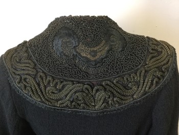 MTO, Black, Gold, Wool, 3 Buttons,  Texture Plain Weave Body and Cuffs, Shaped Cuffs with Button, Collar Has Black Passementerie Work and Black and Gold Turbes of Passementerie Work, Edged with Black Scallops, Belt Center Back, Newly Lined