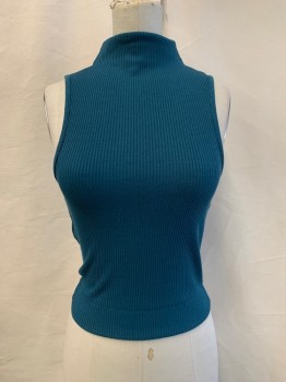 Womens, Top, TOPSHOP, Teal Blue, Cotton, Solid, Textured Fabric, 2, Mock Neck, Slvls, Rib Knit,