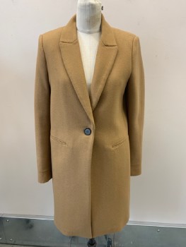 ZARA WOMAN, Camel Brown, Polyester, Wool, Solid, Single Breasted, 1 Button, Notched Lapel, 2 Welt Pockets at Sides, Brown Lining