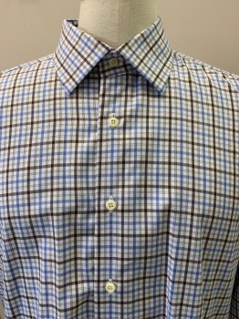 Mens, Casual Shirt, DAVID DONAHUE, White, Blue, Brown, Cotton, Plaid, 35, 175, L/S, Button Front, Collar Attached,