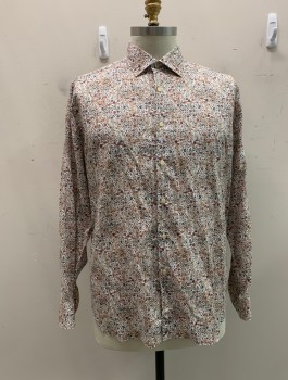 SAKS FIFTH AVE, Beige, Multi-color, Cotton, Floral, C.A., Button Front, L/S, Red And Dar Blue Floral Pattern