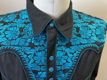 SCULLY, Black, Turquoise Blue, Polyester, Rayon, Solid, Floral, L/S, Snap Front C.A., Embroiderred Floral Western Yoke & Cuffs, 2 Welt Pocket,