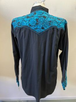 SCULLY, Black, Turquoise Blue, Polyester, Rayon, Solid, Floral, L/S, Snap Front C.A., Embroiderred Floral Western Yoke & Cuffs, 2 Welt Pocket,