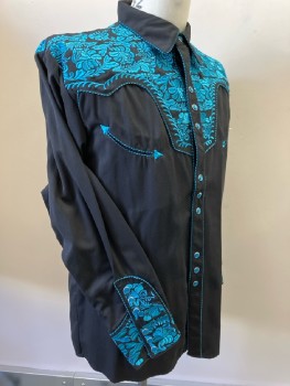 SCULLY, Black, Turquoise Blue, Polyester, Rayon, Solid, Floral, L/S, Snap Front C.A., Embroiderred Floral Western Yoke & Cuffs, 2 Welt Pocket,