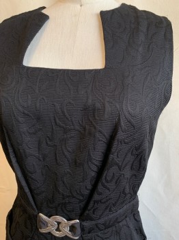Womens, Cocktail Dress, ANTONIO MELANI, Black, Cotton, Polyester, Solid, B 34, 2, W 26, Floral and Stripe Self Brocade, Squared Off Neck, Sleeveless, Waistband with Silver Attached Buckle, 2 Patch Pockets, Zip Back, Knee Length