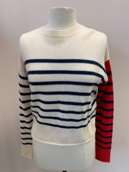 Womens, Pullover, NORDSTROM SIGNATURE, Ivory White, Navy Blue, Red, Cashmere, Stripes - Horizontal , S, L/S, CN, Red Left Sleeve