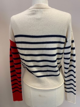 Womens, Pullover, NORDSTROM SIGNATURE, Ivory White, Navy Blue, Red, Cashmere, Stripes - Horizontal , S, L/S, CN, Red Left Sleeve