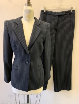 ARMANI COLLEZIONI, Black, White, Wool, Polyester, Stripes - Pin, Single Breasted, 1 Button, Notched Lapel, Padded Shoulders, 2 Pockets, Black Lining