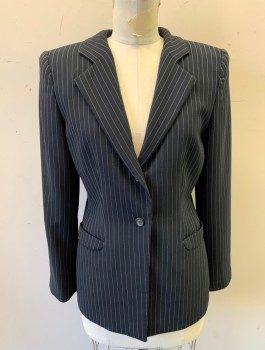 Womens, Suit, Jacket, ARMANI COLLEZIONI, Black, White, Wool, Polyester, Stripes - Pin, Sz.6, Single Breasted, 1 Button, Notched Lapel, Padded Shoulders, 2 Pockets, Black Lining