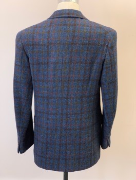 NL, Royal Blue, Brown, Rust Orange, Rust Orange, Wool, Plaid, Notched Lapel, 3 Button Single Breasted, 2 Pockets
