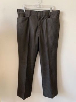 LASSO, Dk Brown, Beige, Polyester, Wool, Stripes - Pin, F.F, Top And Back Pockets, Zip Front, Belt Loops,