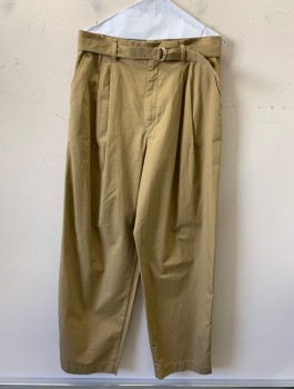 UNIQLO, Khaki Brown, Cotton, Solid, High Waist, Double Pleats, Tapered Leg, Zip Fly, Tab at Waistband, **With Matching Fabric Belt with D-Ring Buckles