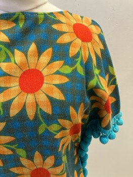 Womens, Shirt, ALADDIN, B: 36, Blue/ Multi-color, Gingham And Floral Print, Boat Neck, S/S, Pom Pom Trim