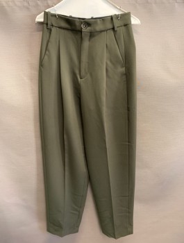 Womens, Slacks, ZARA, Olive Green, Polyester, Viscose, Solid, W26, XS, Zip Front, Button Closure, Pleated Front, 4 Pockets, Creased Front