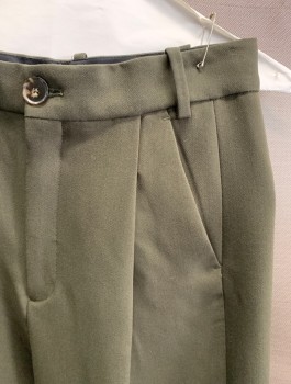 Womens, Slacks, ZARA, Olive Green, Polyester, Viscose, Solid, W26, XS, Zip Front, Button Closure, Pleated Front, 4 Pockets, Creased Front