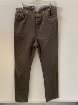 Mens, Historical Fiction Pants, NL, Brown, Cotton, Solid, 35, 36, B.F., 4cf125287 Pckts, Suspenders Buttons, Peaked Back Waist Band, Half Belt With Buckle, Distressed, Bleach Stains On Back Right Hip
