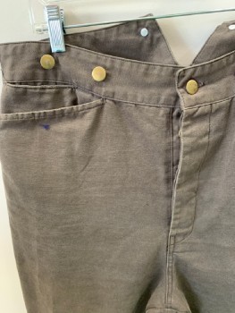 Mens, Historical Fiction Pants, NL, Brown, Cotton, Solid, 35, 36, B.F., 4cf125287 Pckts, Suspenders Buttons, Peaked Back Waist Band, Half Belt With Buckle, Distressed, Bleach Stains On Back Right Hip