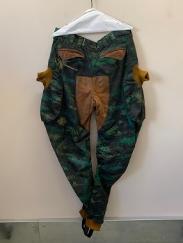 Mens, Sci-Fi/Fantasy Pants, NL, Dk Green, Ochre Brown-Yellow, Multi-color, Cotton, Faux Leather, Abstract , Paint Splatter, 36, 4 Faux Leather Flap Pckts, Zip Fly, Belt Loops, 2 Pouch Pckts with Ochre Cuffs, Brown Faux Leather Patch At Back Groin, Cuffs At Hems with Stirrups, Jodphur Style, Zippers At Lower Inside Inseams