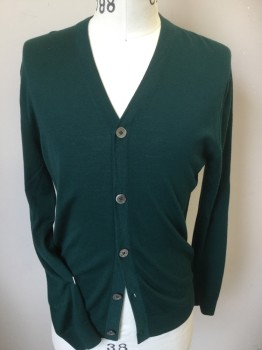 Mens, Cardigan Sweater, PAUL SMITH, Green, Wool, Solid, M, Forrest Green, V-neck, 5 Large Abalone Button Front, Long Sleeves, Teal Green with Black Stripe in the Middle Inside Collar & Front Placket